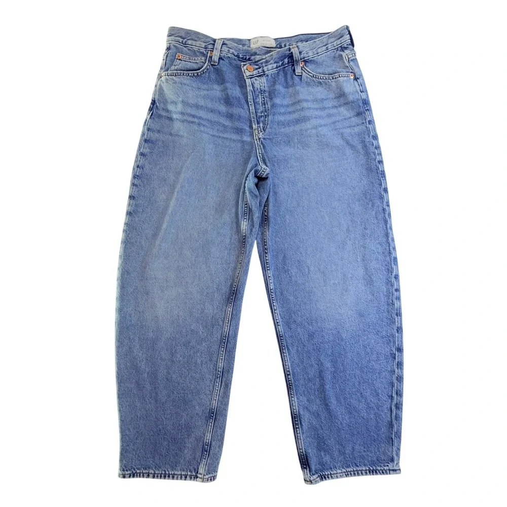 GAP Women's Fast Long Tape Crossover‎ Waist Baggy Jeans Med Wash 100% Cotton 14S